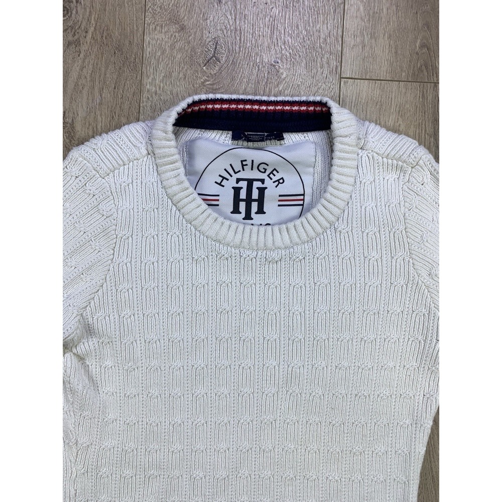 Tommy Hilfiger Sweater Womens Med White Cable Knit Cotton Classic Preppy Tennis - Picture 5 of 16